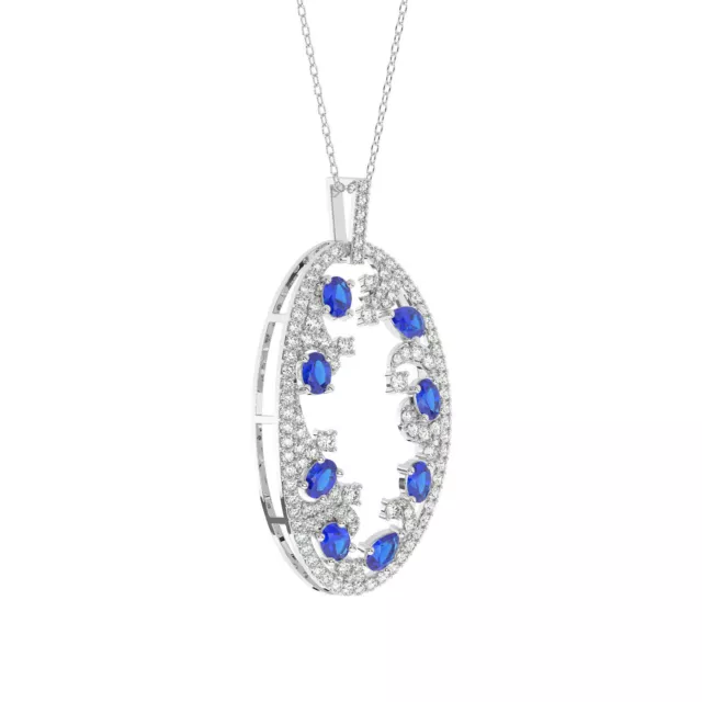 2.50 Ct Natural Round Diamond, Oval & Pear Blue Sapphire Pendant 18K White Gold