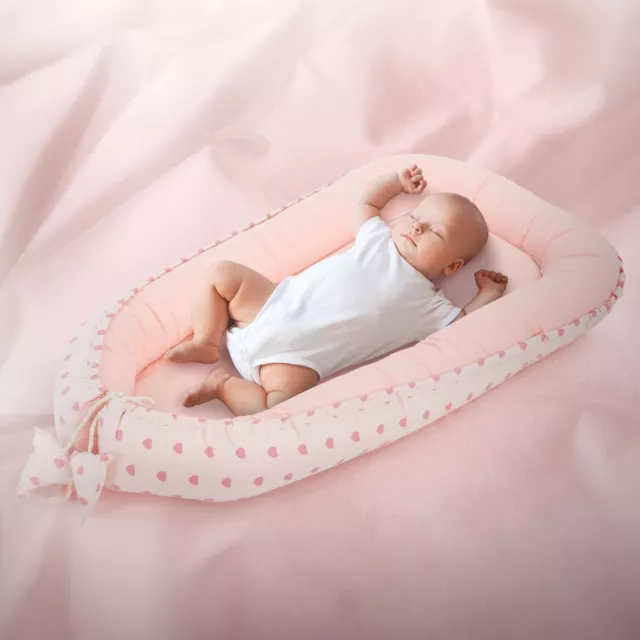 Lit cocon de bébé 100% coton nid nouveau-né housse amovible rose/motif cœurs