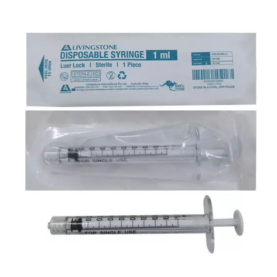 Livingstone Syringe 1ml Luer Lock Tip White Plunger Clear 100/box