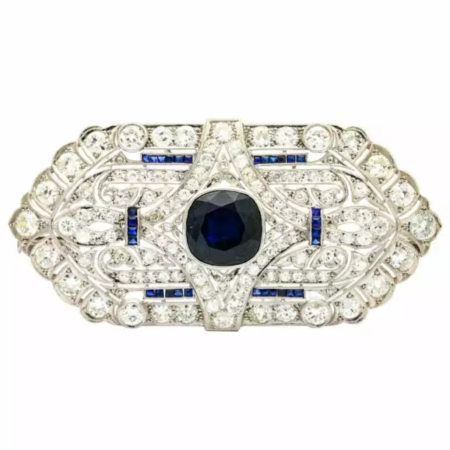 Early 20th Century Brooch With Large Blue 4.09CT Sapphire & 4.8CT Solid White CZ