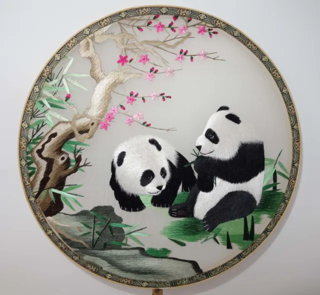 Chinese Panda Suzhou Double Sided Silk Screen Embroidery Bamboo Fan