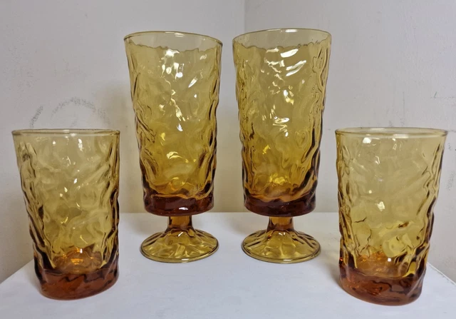 4 Anchor Hocking Glass Lido Milano Amber Crinkle Tumblers Barware