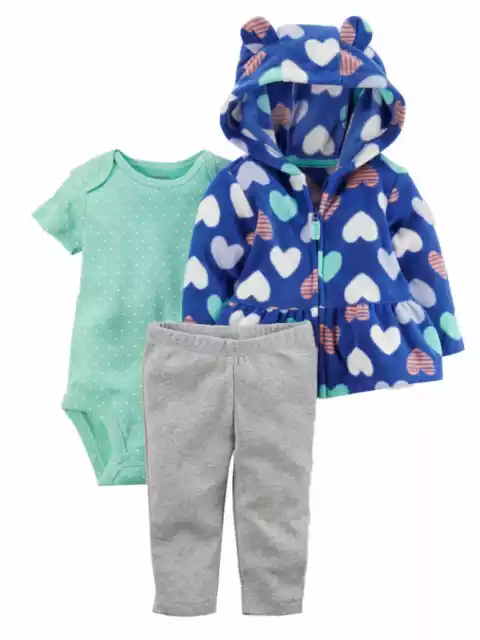 Carters Infant Girls Baby Outfit Blue Heart Hoodie Bodysuit & Leggings Set