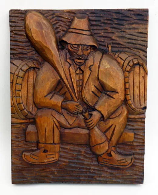 Vintage Wooden Hand Carved Brewer Vintner Figure Wine Cellar Wall Plaque Panel