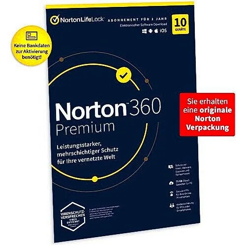 Norton 360 Premium|10 Geräte|1 Jahr + Cloud|kein Abo|Originalverpackung per Post