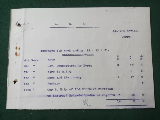 1921 I.R.A. Liason Office Derry Expenses Paperwork Irish War Of Independence.