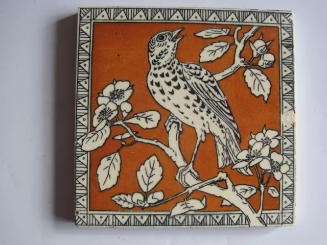 Antique Victorian Minton Hollins 6" Birds Tile- Bird On Branch With Nuts C1880