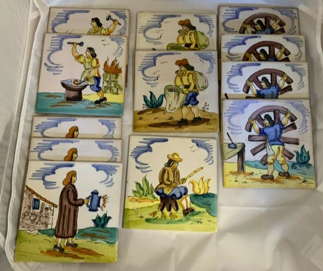 Set of Twelve (12) Vintage Folk Art Hand Painted Tiles Made In SPAIN 6" by 6"