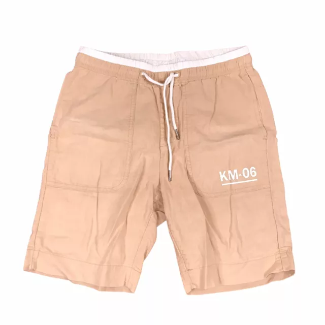 KM-06 Mens Casual Shorts Bottoms Sz Small S Brown Elastic Waist String Cotton