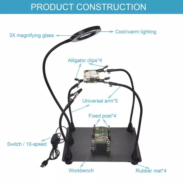 Magnetic Helping Hand Soldering Welding PCB Holder 4 Flexible Arms LED Magnifier 3