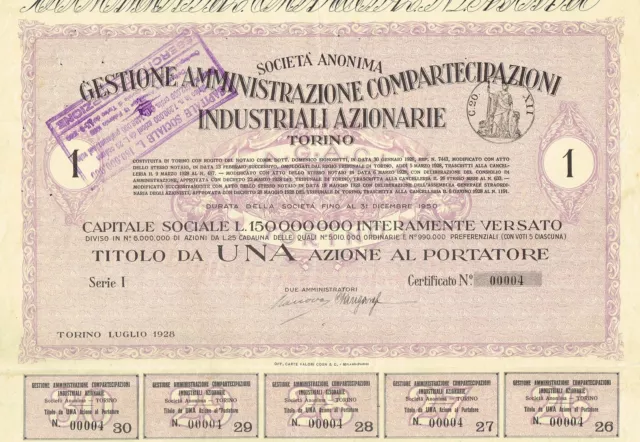 ITALY CITY OF TORINO INDUSTRY  stock certificate 1928 1 SH