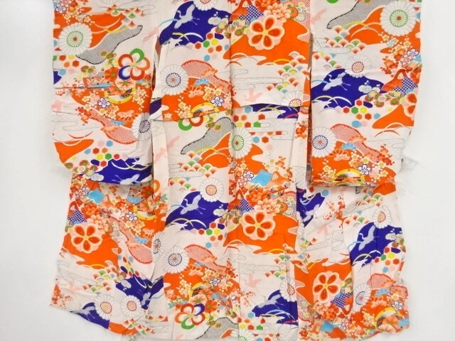 44433# JAPANESE KIMONO / ANTIQUE HITOE KIMONO FOR GIRLS / HOUSE WITH FLOWER &amp