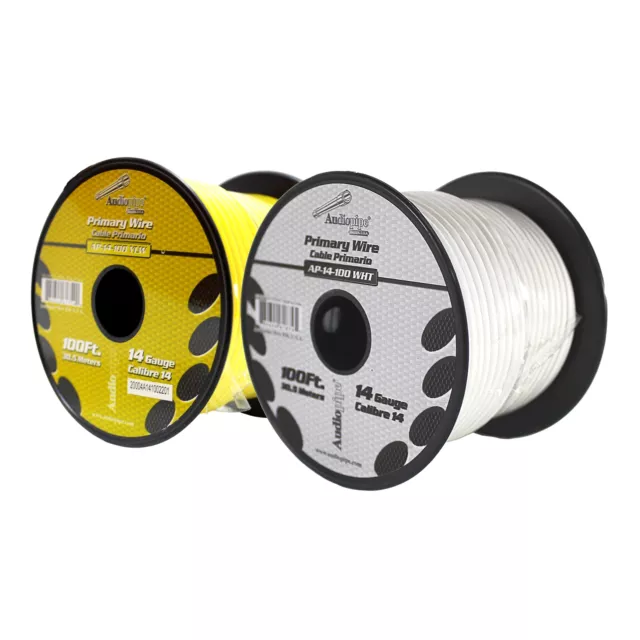 Bote de cable remoto de alimentación a tierra primaria Audiopipe (2) 14ga 100 ft CCA amarillo/blanco