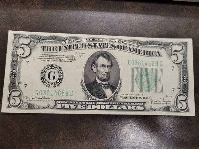 1934 D Five DOLLAR Federal Reserve $5 Note Bill NICE Bank of Chicago,