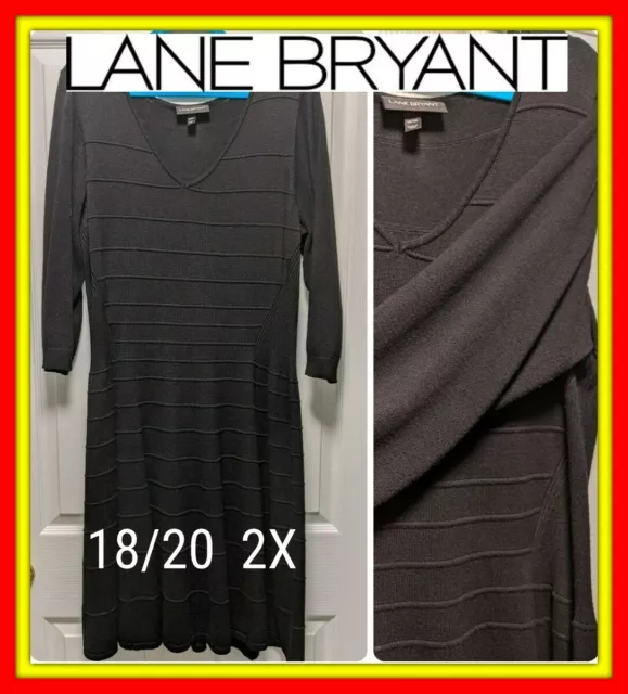 18/20 LANE BRYANT SWEATER DRESS V-Neck 3/4 Sleeve Knit Plus Black FIT FLARE 2x