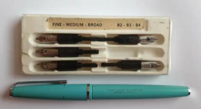 Vintage 1960s Turquoise Platignum Silverline Fountain Pen & Extra Nibs Set