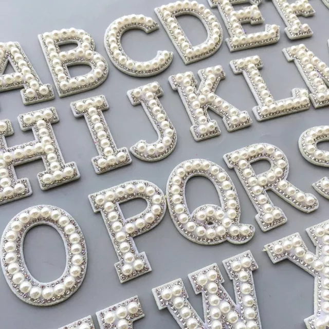 White Pearl Silver Rhinestone Letter Patches Iron On Clothes Alphabet Embroidery