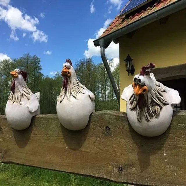 DE Harz Gartenfigur Große Augen Huhn Henne Hahn sitzend weiß Dekofigur Tierfigur