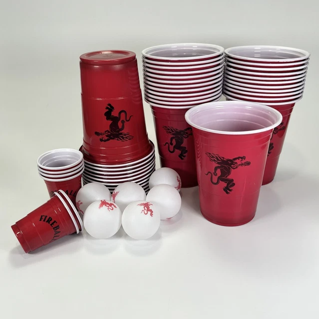 Fireball Cinnamon Whiskey Beer Pong Party Game 36 Solo Cup 6 Shot Glass Ball Set
