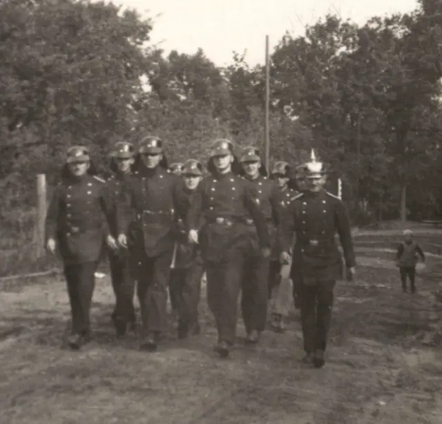 German Firefighters Marching Helmet Ax Pickelhaube Real Photo Postcard RPPC