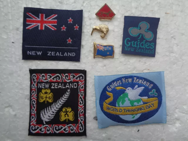 Girl Guide / Girlguiding 4 x New Zealand Silk badges + 3 pin enamel badges - new