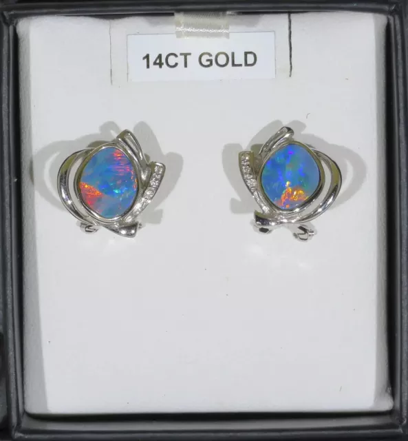 Opal Earring  Clip-Studs Doublet, Freeform(12x10mm), White Gold 14K , Aust Opal 2