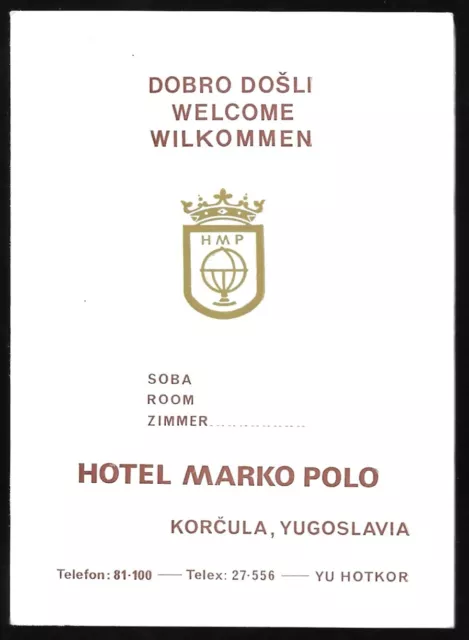 Vintage Hotel Marko Polo Pocket Map Key Guide Korcula Yugoslavia Croatia