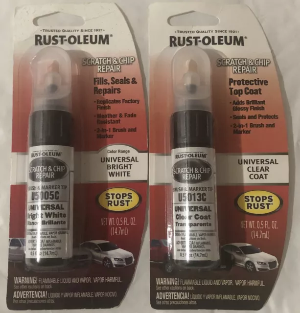 NEW Rust-Oleum Auto Scratch Chip Repair Marker Universal BRIGHT WHITE +ClearCoat