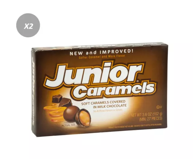 903366 2 x 102g THEATRE BOXES JUNIOR CARAMELS PURE CHOCOLATE COVER SOFT CARAMELS