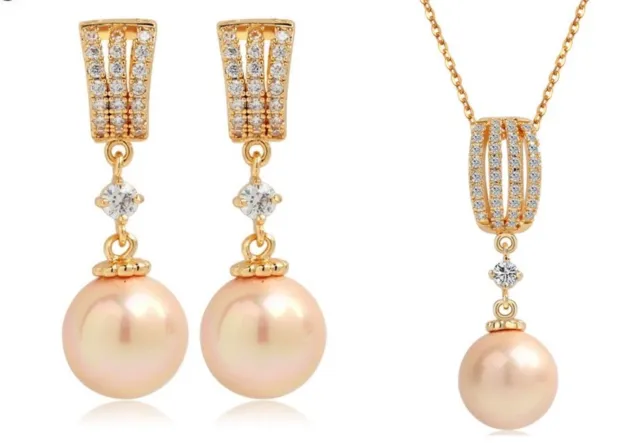 Rose Gold Cubic Zirconia Pearl Wedding Pendant Necklace Earrings Set Brides PE