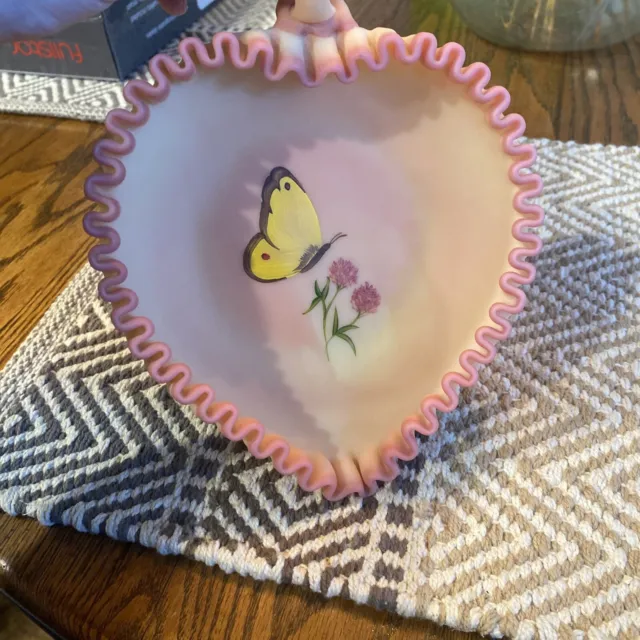 Fenton Burmese Pink Glass Handpainted Butterfly Heart Shaped Bowl B. Cumberledge