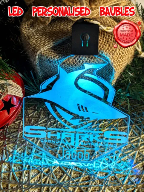 Cronulla Sharks Personalised Name Christmas Bauble LED Light Up Decoration