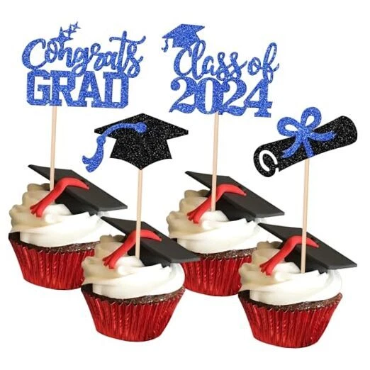 24 PCS 2024 Graduation Cupcake Toppers Glitter Class of 2024 Design 1