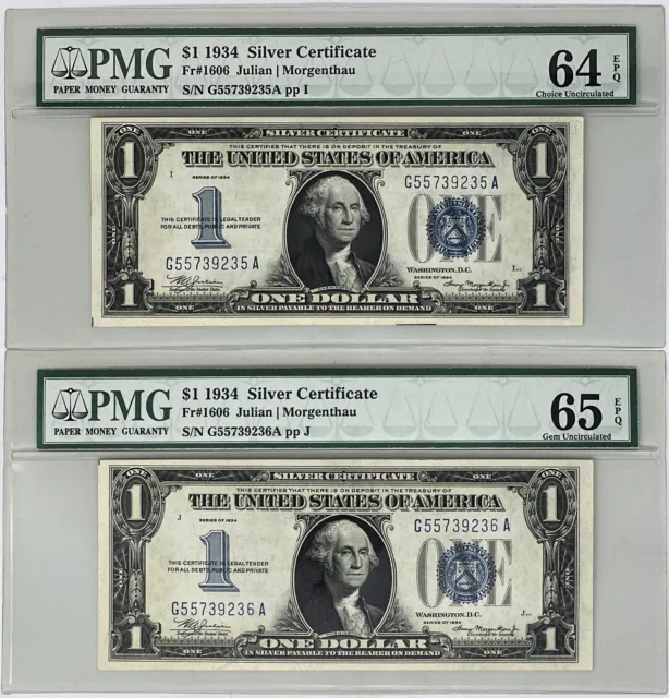 1934 Fr. 1606 $1 Unc. Silver Certificates Consecutive Pair, PMG 65-EPQ & 64-EPQ