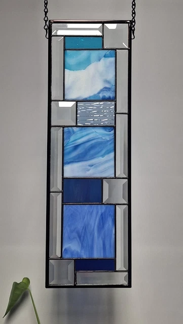 BLUE Stained Glass Panel, Window Hanging  20 3/8"X 6 1/2
