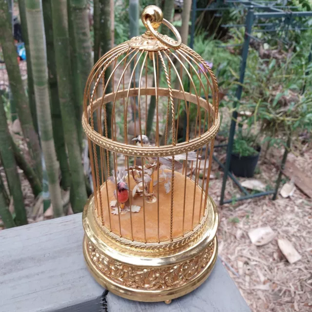 Vintage Swiss Reuge Singing Two Bird Cage in Gold Gilded Cage Music Box