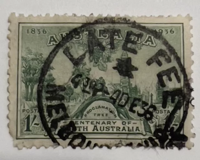 1936 Australia 1/- Stamp Centenary, Bold "Late Fee" Melbourne Son Sotn Cancel