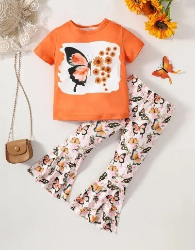 NEW Butterfly Sunflower Girls Bell Bottom Outfit Set