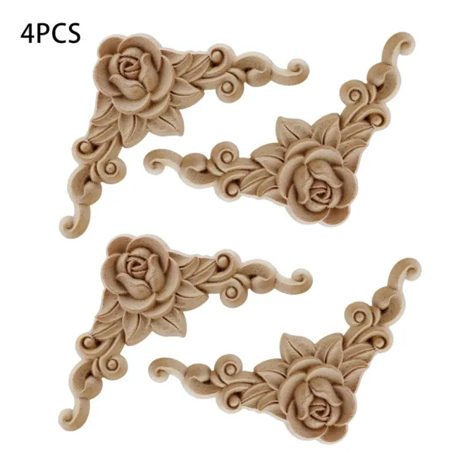 4Pcs-Wooden Carved Applique Furniture Unpainted Mouldings Decal Onlay Home Decor