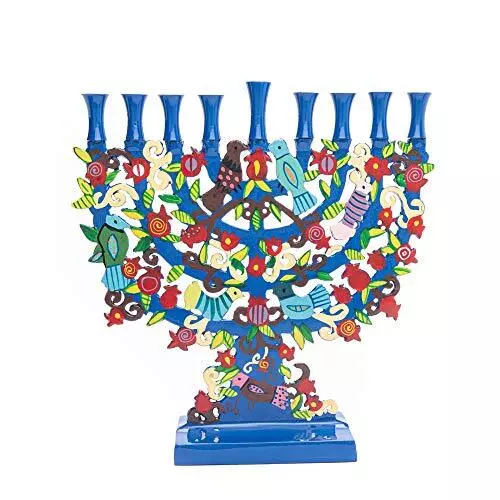 Yair Emanuel Large Blue Menorah with a Tree Design and Birds in Lazer-Cut Metal