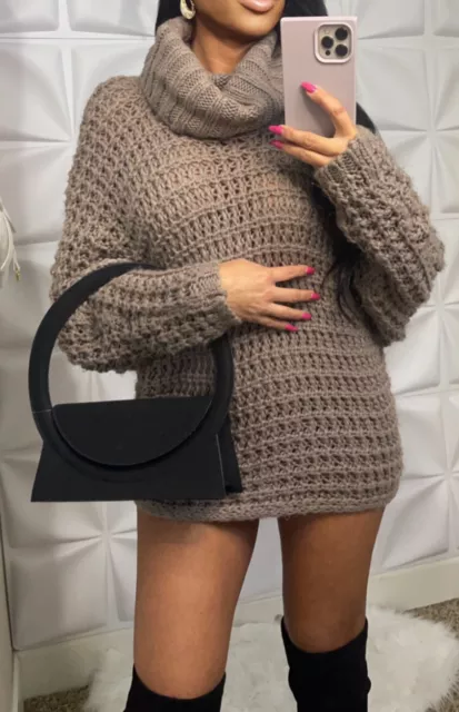 New Sexy Taupe Brown Turtleneck Oversized Loose Knit  Chunky Sweater Top S