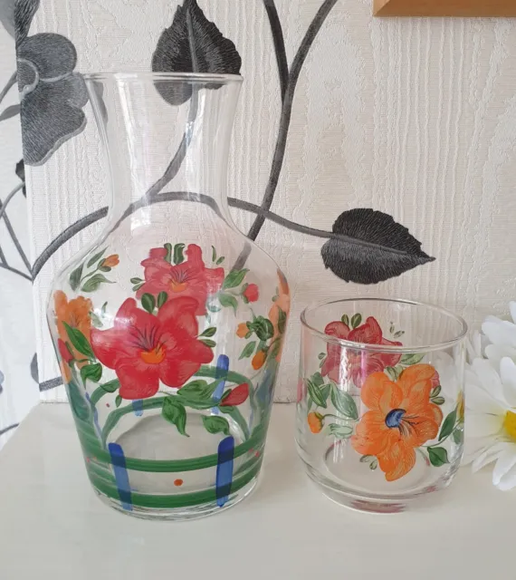 Bedside Water Carafe & Glass Cottagecore Handpainted Floral Decoration 0.5Ltr