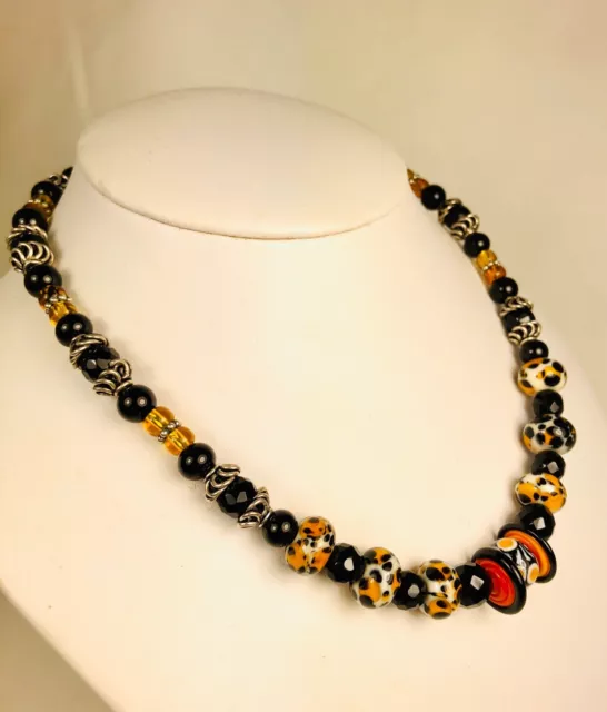 Necklace Lampwork Beads Black Jade Serpentine Glass And Bali Beads 17”long