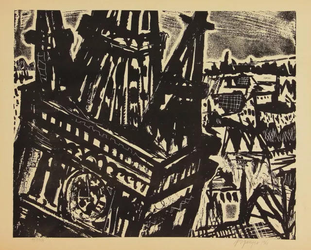 Eberhard Dänzer: Expressiver Holzschnitt - Blick über die Dächer. 1961