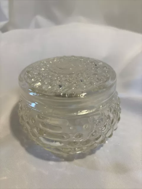 VTG Clear Glass Hobnail Powder Dish Jar Trinket Vanity w/ Lid