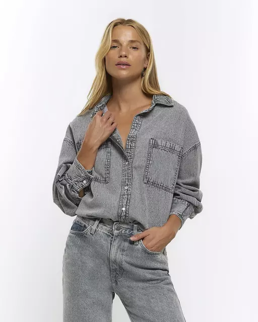 River Island Womens Grey Denim Long sleeved Shirt Size XS