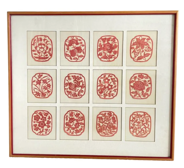 Vintage Red And White Floral Paper-cuts of Nanking. Set Of 12. Custom Framed.