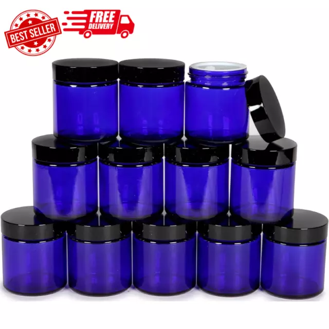 12 Cobalt Blue 4 Oz Round Glass Jars With Inner Liners And Black Lids SHIPS FREE