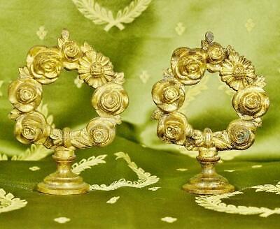 Beautiful Large Pair Antique French Chateau Curtain Pole Finials, Roses, Flowers