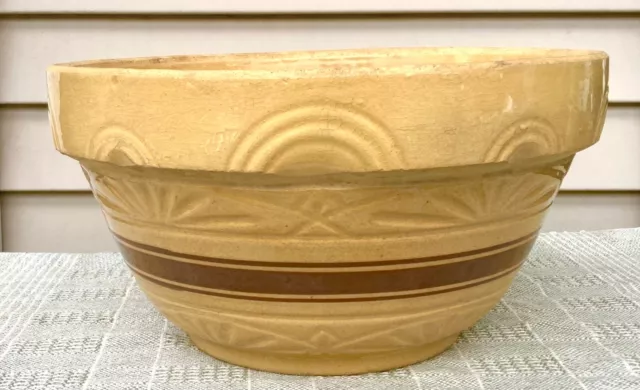 Antique Stoneware Mixing Bowl Pottery Yellow Brown Stripe 12”